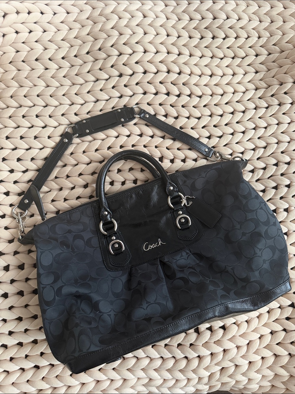 Vintage Coach Black Jacquard Tote with Leather Trim